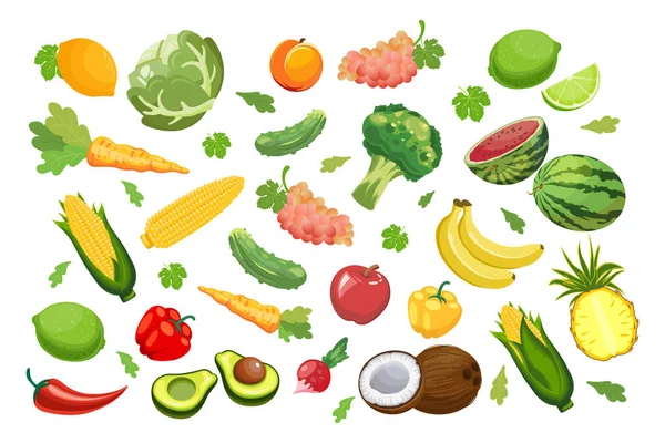 Gran Juego Frutas Verduras Alimentación Agricultura Ilustración Vector — Archivo Imágenes Vectoriales