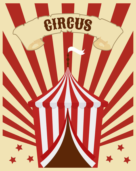 Colorful circus poster, big top on a striped rainbow background with stars. Colorful illustration, banner, flyer, vector