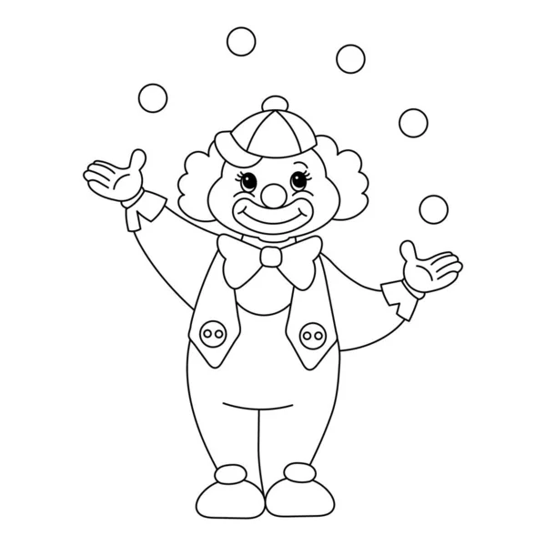 Netter Lustiger Cartoon Clown Jongleur Mit Bällen Skizze Für Kinderfärbung — Stockvektor