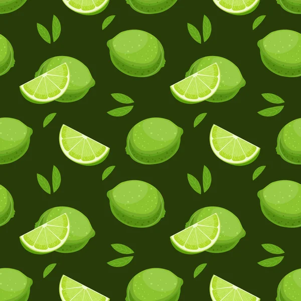 Motivo Senza Cuciture Lime Colorati Fette Foglie Uno Sfondo Verde — Vettoriale Stock