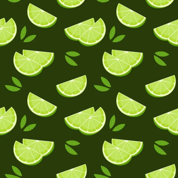 Nahtloses Muster Bunte Limettenscheiben Und Blätter Auf Grünem Hintergrund Obst — Stockvektor
