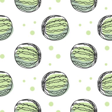 Kusursuz desen, beyaz arka planda renkli lekeli karpuzlar. Pastel renkler. Minimum modern tasarım. Meyve arkaplanı, vektör