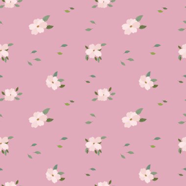Pembe arka planda küçük, narin pembe çiçeklerin kusursuz deseni. Arkaplan, tekstil, baskı, vektör
