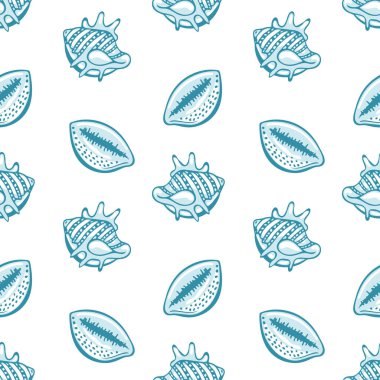 Beyaz arka planda mavi deniz kabukları olan kusursuz bir desen. Deniz arkaplanı, yazdırma, tekstil, vektör