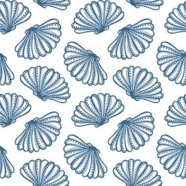 Beyaz arka planda mavi deniz kabukları olan kusursuz bir desen. Deniz arkaplanı, yazdırma, tekstil, vektör