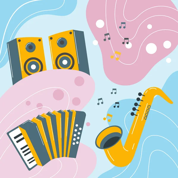 Μουσικά Όργανα Έγχρωμο Φόντο Στυλ Boho Groove Χρώματα Ζυμαρικών Ιστορικό — Διανυσματικό Αρχείο