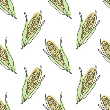 Kusursuz sebze deseni, beyaz arka planda pastel renkli doğrusal tatlı mısır koçanları. Arkaplan, yazdırma, tekstil, vektör