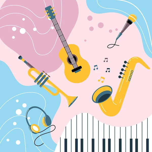 Musikinstrumente Auf Farbigem Hintergrund Boho Stil Pastellfarben Hintergrund Plakat Druck — Stockvektor