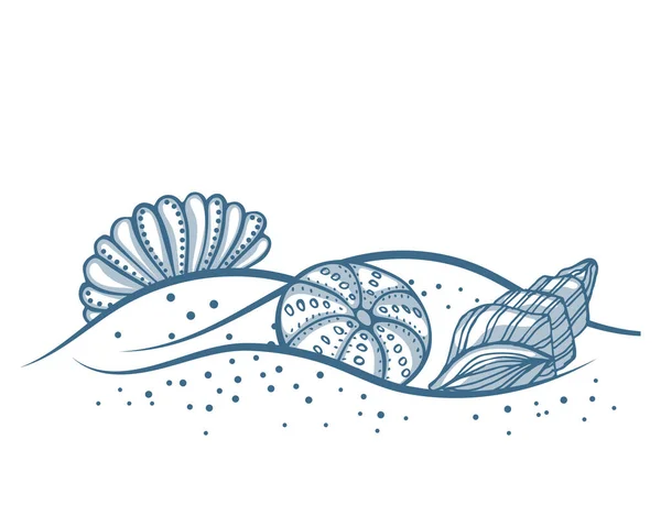 stock vector Hand drawn sea shells on the sand. Illustration of blue seashells on a white background. Vector