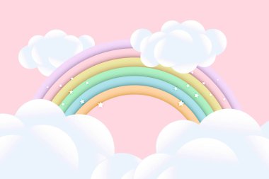 3D bebek partisi, bulutlu gökkuşağı ve pembe arka planda yıldızlar, pastel renklerde çocuksu tasarım. Arkaplan, illüstrasyon, vektör.