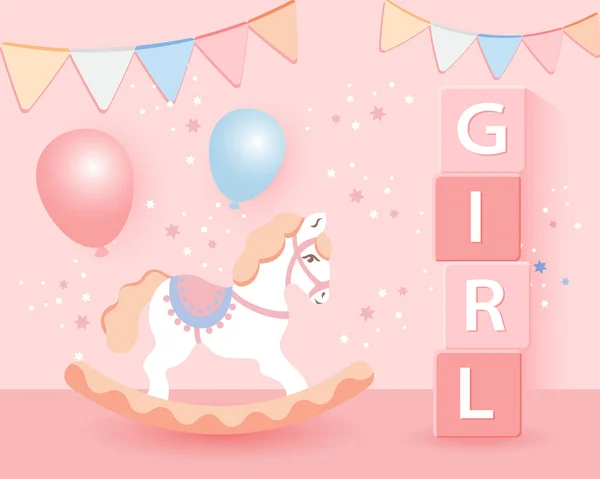 Babyshower Voor Meisjes Kinderspeelgoed Regenboog Piramide Schommelpaard Pastelkleuren Een Sterrenachtergrond — Stockvector