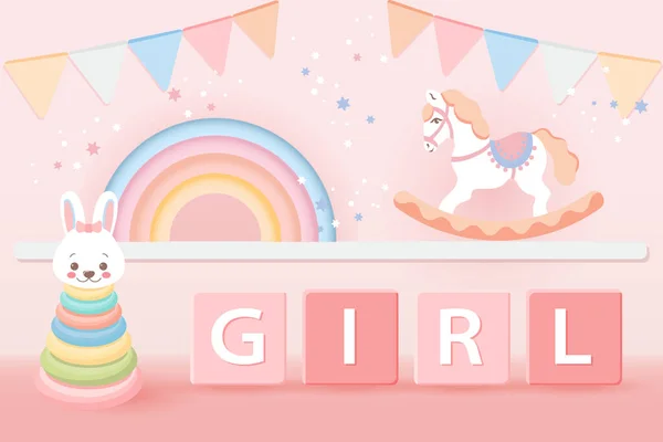 Babyshower Voor Meisjes Kinderspeelgoed Schommelpaard Ballonnen Pastelkleuren Een Sterrenachtergrond Spel — Stockvector