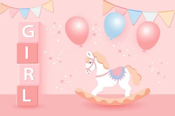 Babyshower Voor Meisjes Kinderspeelgoed Schommelpaard Ballonnen Pastelkleuren Een Sterrenachtergrond Spel — Stockvector
