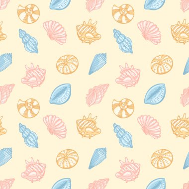 Soluk sarı arka planda pastel renklerde deniz kabuklarının kusursuz deseni. Vektör