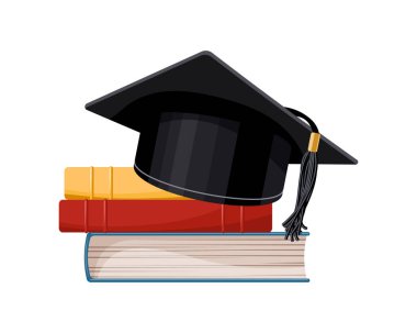 Kitap yığınının üstünde siyah bir mezuniyet şapkası. Eğitim konsepti. Görüntü, vektör