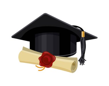 Mezuniyet şapkası ve beyaz bir arka planda diploma. Eğitim konsepti. Resim, simge, vektör