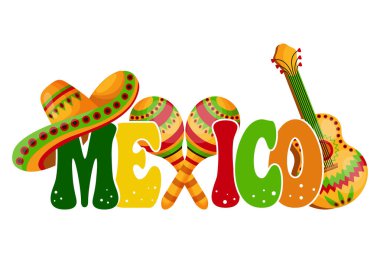 Cinco de mayonez pankartı. Meksika 'da beyaz arka planda sombrero, marakas ve gitarlı renkli bir kelime. Poster, bayram afişi, vektör