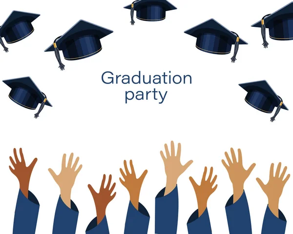 stock vector Graduation party banner with raised hands and graduation caps. Design for graduate diploma, awards. Education concept.Vector