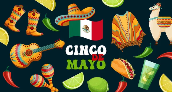 Bandeira Cinco Mayo Com Símbolos México Bandeira México Maracas Sambrero —  Vetores de Stock