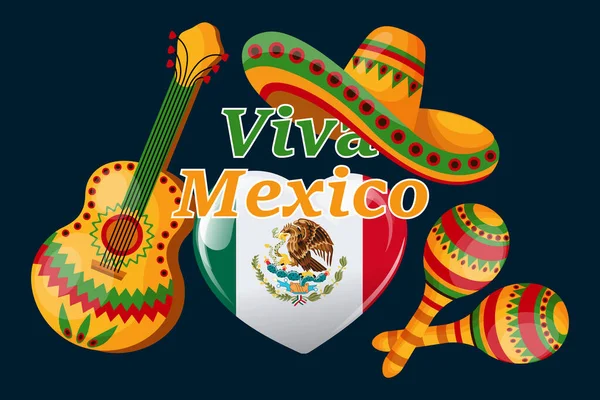 Bandeira Viva Mexico Bandeira Mexicana Forma Coração Maracas Sombrero Guitarra —  Vetores de Stock