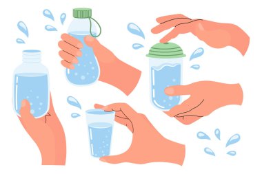Elleriniz su dolu kapları tutsun. Bardaklar, temiz su dolu şişeler. Clipart ayarlandı. Vektör