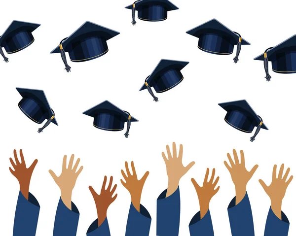 Baner Partii Absolwentów Podniesionymi Rękami Czapkami Dyplomowymi Projektowanie Dyplomów Nagrody — Wektor stockowy