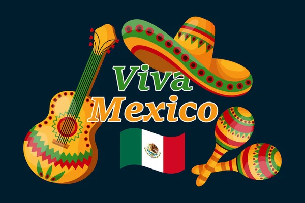 Viva Mexico Banner Σημαία Μεξικού Maracas Sombrero Και Κιθάρα Σκούρο — Διανυσματικό Αρχείο