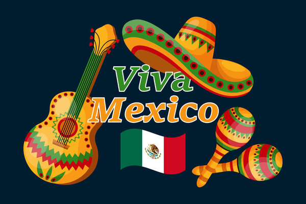 Viva mexico banner, mexico flag, maracas, sombrero and guitar on dark background. Poster, vector