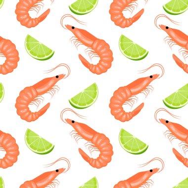 Beyaz arka planda karides ve limonlu kusursuz desen. Deniz ürünleri ve vektör ile geçmiş