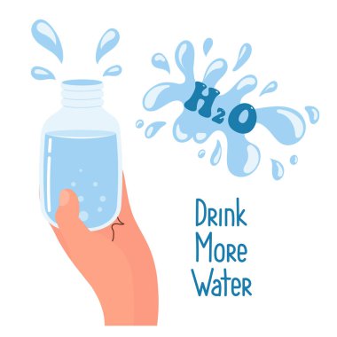 Daha fazla su iç, su şişesi elinde olsun. Sağlık hizmeti konsepti. Düz biçim illüstrasyonu, vektör