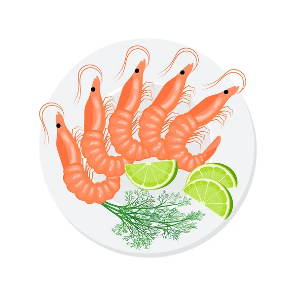 Plate Shrimps Lemons Herbs Asian Seafood Illustration Vector — Stock Vector