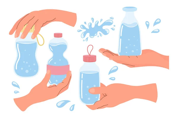 Χέρια Κρατάνε Δοχεία Νερό Ποτήρια Μπουκάλια Καθαρό Νερό Κλιπ Σετ — Διανυσματικό Αρχείο