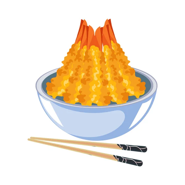 日本の天ぷらエビ 揚げエビを箸でボウルに入れます アジアの魚介類 イラスト ベクター — ストックベクタ