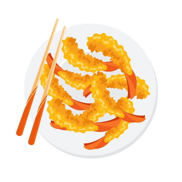 Gamberetti Tempura Giapponesi Gamberetti Fritti Piatto Con Bacchette Pesce Asiatico — Vettoriale Stock