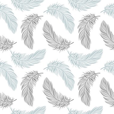 Beyaz arka planda narin mavi tüyleri olan kusursuz bir desen. Arkaplan, tekstil, vektör