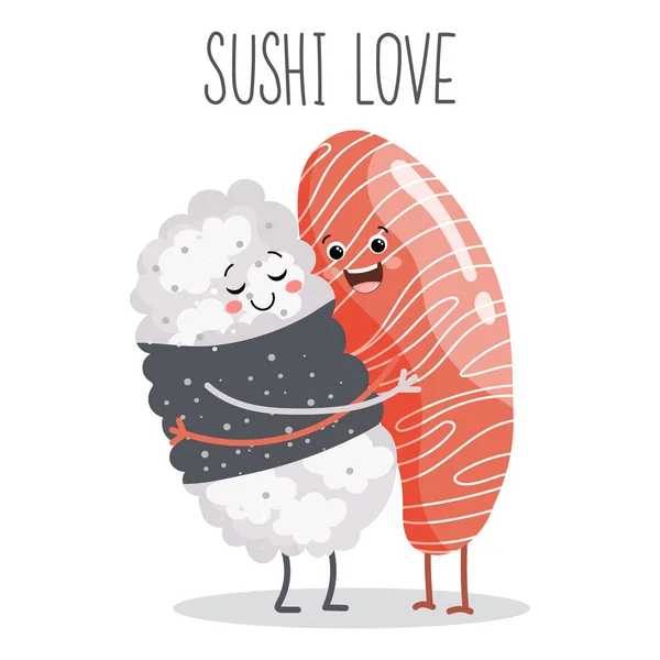 Ilustrasi Kartun Sushi Cinta Memeluk Pasangan Salmon Memeluk Beras Ikon - Stok Vektor
