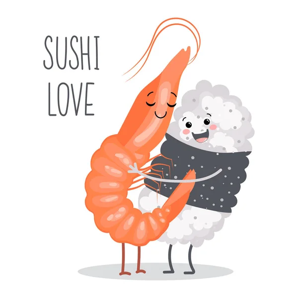 Cartoon Illustration Von Sushi Liebe Umarmen Paar Garnelen Umarmen Reis — Stockvektor