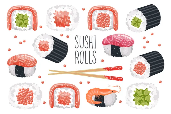 Set Rollos Sushi Palillos Sobre Fondo Blanco Iconos Comida Asiática — Vector de stock