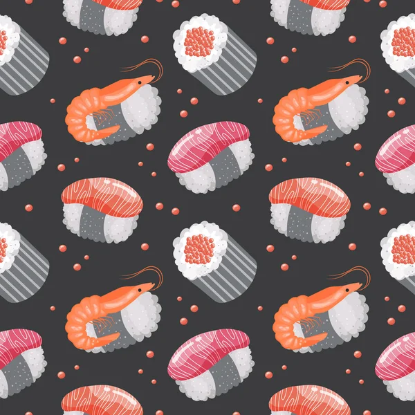 Naadloos Patroon Met Sushi Garnalen Een Donkere Achtergrond Kleurrijke Voedselachtergrond — Stockvector