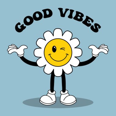 Sloganı olan sevimli bir hippi çiçeği. Retro 70 atmosfer, psikedelik oluk elementi. Çizgi film biçimi, vektör illüstrasyonu