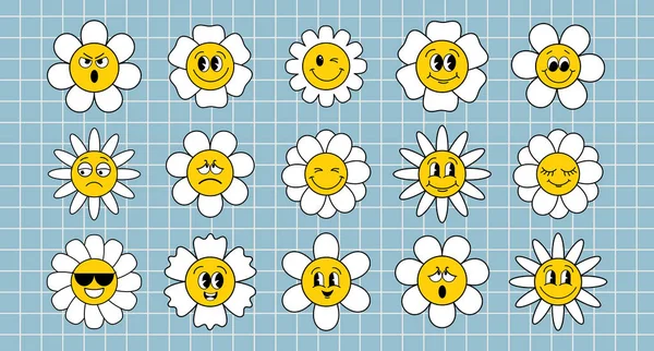 Conjunto Flores Dibujos Animados Con Diferentes Caras Conjunto Flores Hippies — Vector de stock