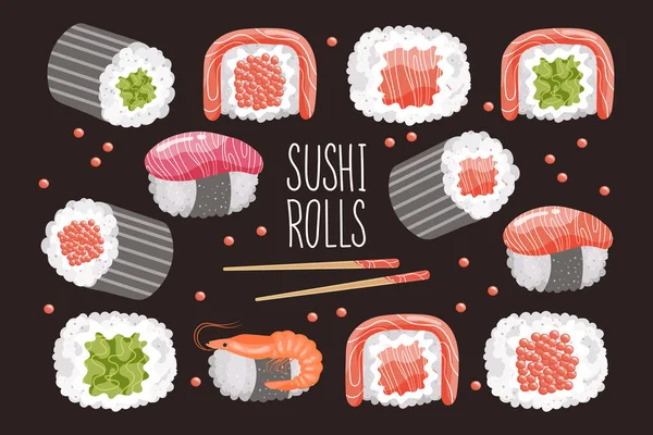 Set Van Sushi Broodjes Eetstokjes Een Donkere Achtergrond Aziatische Iconen — Stockvector