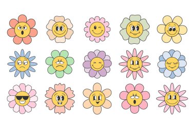Farklı yüzleri olan karikatür çiçekleri. Bir dizi sevimli hippi çiçeği. 70 'lerin atmosferi, psikedelik oyuk elementleri. Çizgi film biçimi, vektör simgeleri