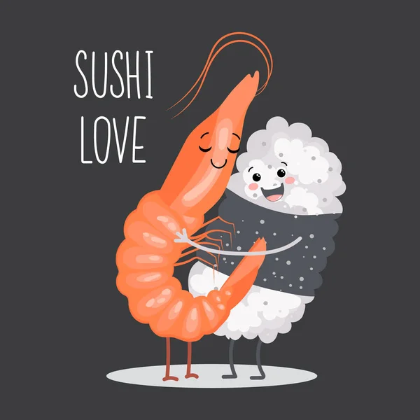 Cartoon Illustration Von Sushi Liebe Umarmen Paar Garnelen Umarmen Reis — Stockvektor