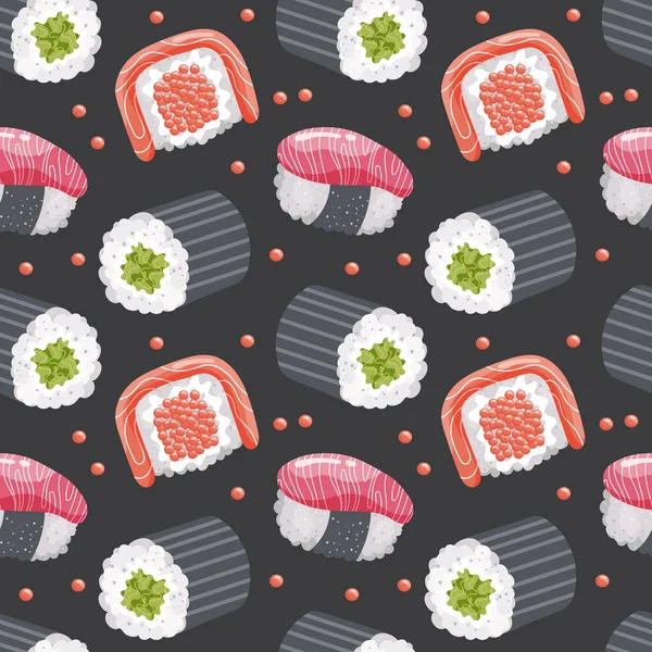 Płynny Wzór Sushi Krewetkami Ciemnym Tle Kolorowe Tło Żywności Menu — Wektor stockowy