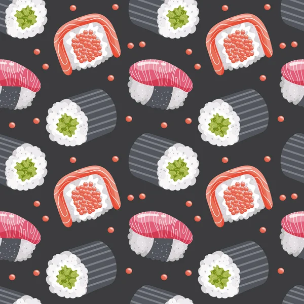 Patrón Sin Costuras Con Sushi Camarones Sobre Fondo Oscuro Fondo — Vector de stock