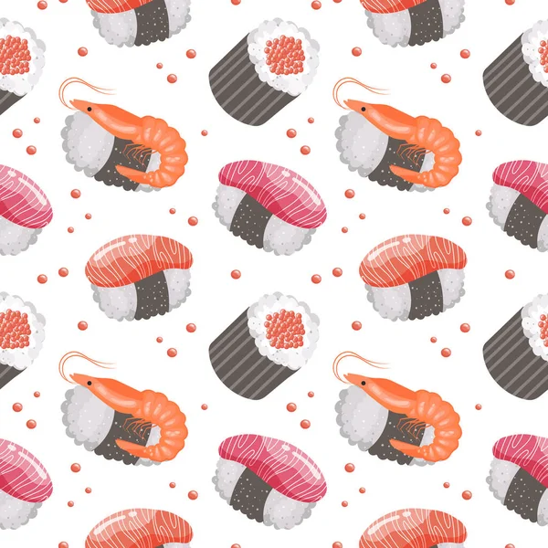 Naadloos Patroon Met Sushi Garnalen Een Witte Achtergrond Kleurrijke Voedselachtergrond — Stockvector
