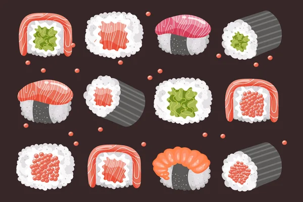 Conjunto Rollos Sushi Palillos Sobre Fondo Oscuro Iconos Comida Asiática — Vector de stock