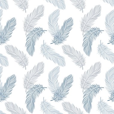 Beyaz arka planda narin mavi tüyleri olan kusursuz bir desen. Arkaplan, tekstil, vektör