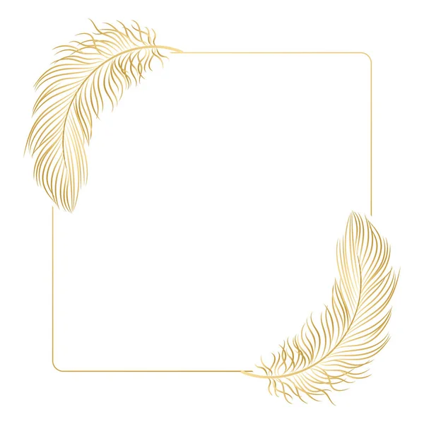 Goldener Luxusrahmen Mit Vogelfedern Auf Weißem Hintergrund Design Für Einladungen — Stockvektor